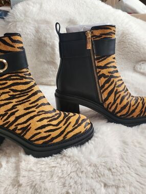 Michael Kors Tiger-Print Ankle Boots with Black Trim